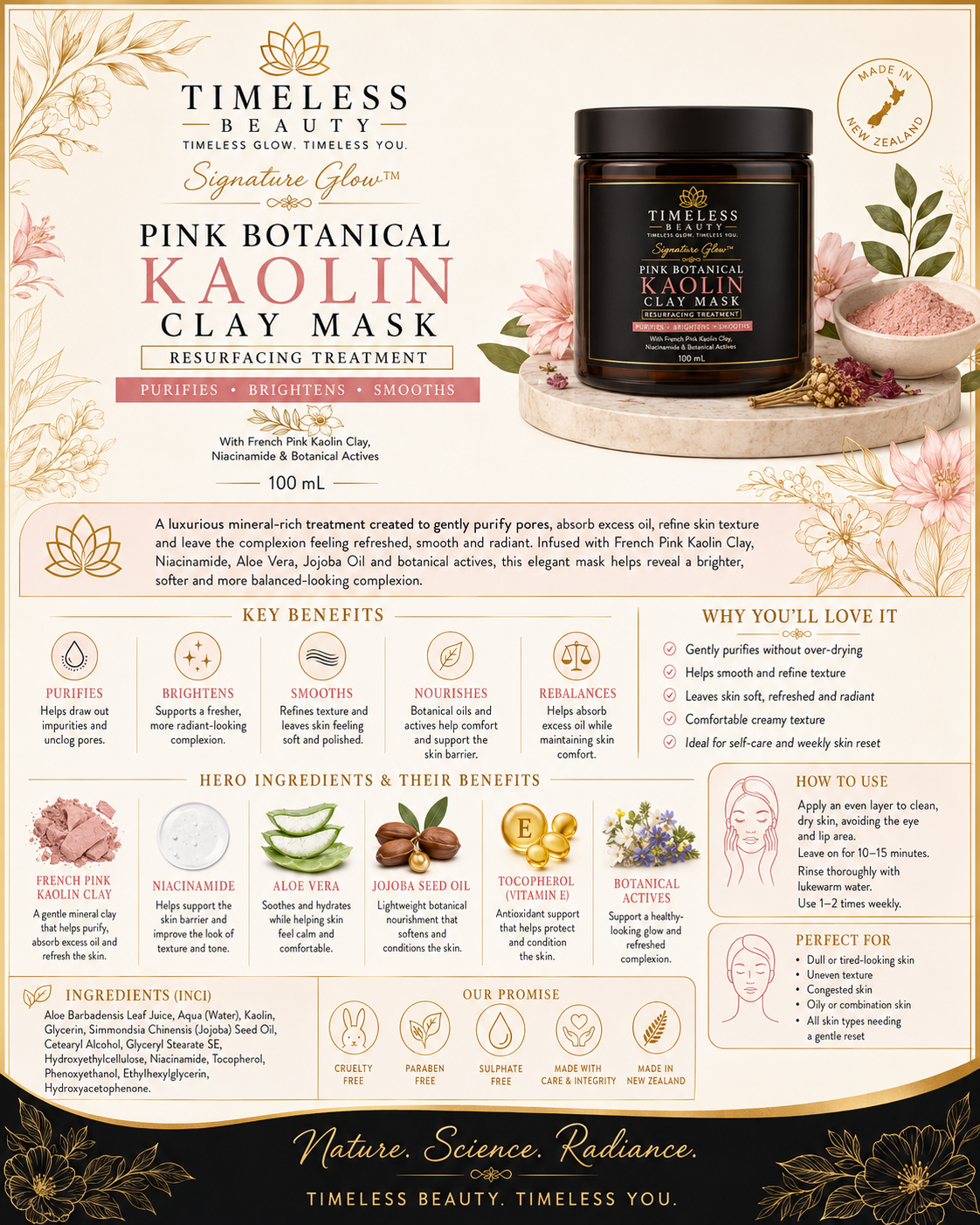 Timeless Beauty Signature Glow™ Pink Botanical Clay Mask Luxury Rose-Pink Botanical Facial Mask 100ml